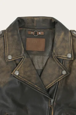 Best Sale Frye Authentic Soft Lamb Crackle Leather Biker Jacket Brown