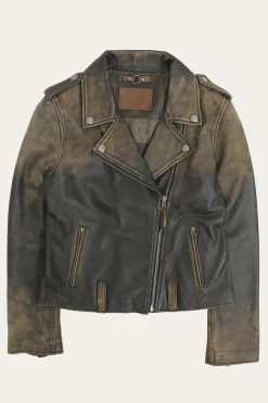Best Sale Frye Authentic Soft Lamb Crackle Leather Biker Jacket Brown
