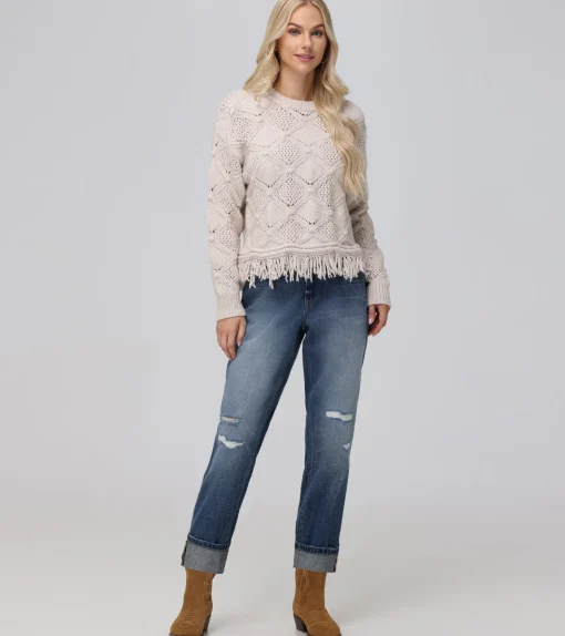 Cheap Frye Pointelle Fringe Pullover Oatmeal Heather