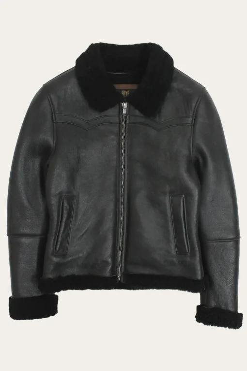 Online Frye Women's Leather Jacket With Sherling Collar And Cuffs Black