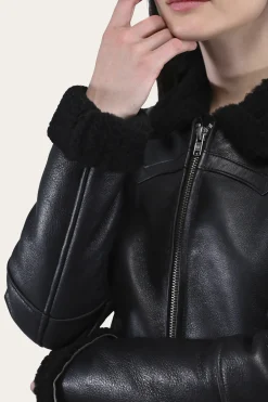 Online Frye Women's Leather Jacket With Sherling Collar And Cuffs Black