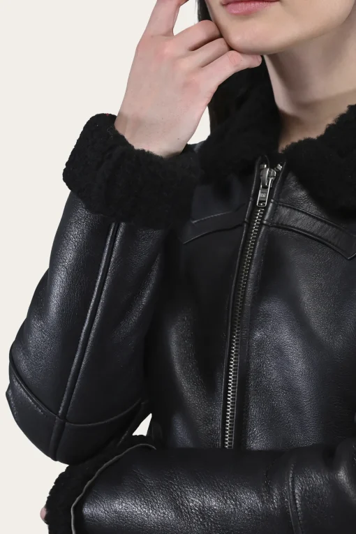 Online Frye Women's Leather Jacket With Sherling Collar And Cuffs Black